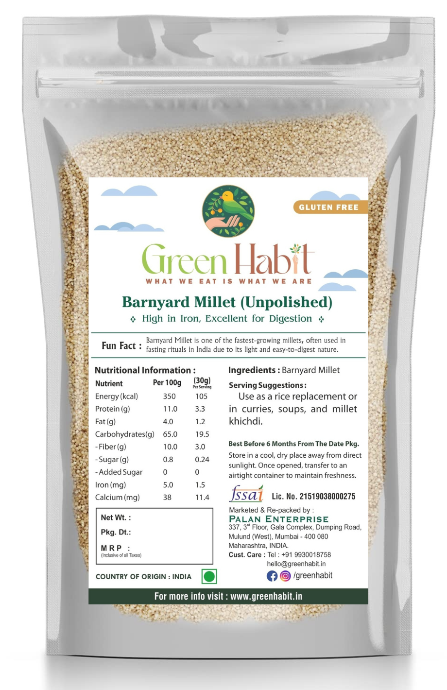 Green Habit Barnyard Millet (Sanwa/Shyama/Jhangora) - Unpolished, Glut