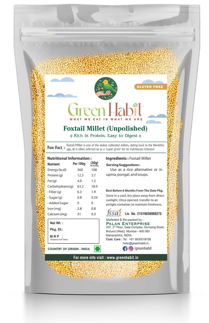 Green Habit Foxtail Millet (Thinai/Thina/Kangni) - Unpolished, Gluten-Free | High Fiber, Diabetic-Friendly Rice Replacement