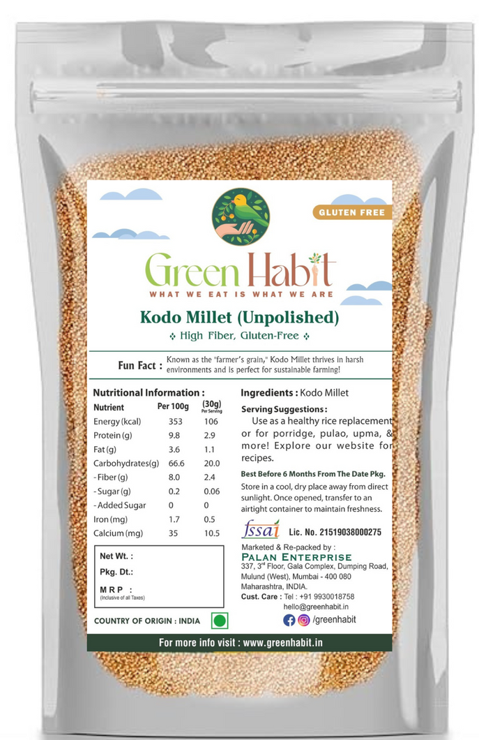 GreenHabit Kodo Millet (Varagu/Kodra/Koden) - Unpolished, 1 kg (35.27 oz) Gluten-Free, | High Fiber, Diabetic-Friendly Rice Replacement